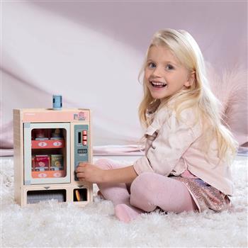 Holz-Verkaufsautomat Shop & Go mit Sichtfenster, nummerierten Knöpfen, Münzschlitzen sowie Holz-Snacks, Getränkedosen und Münzen als Zubehör