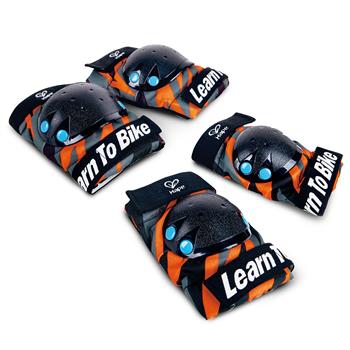 Set aus schwarzen Kinder-Knie- und Ellbogenschonern mit orangefarbenem Streifen, verstellbaren Klettgurten und Hartschalen