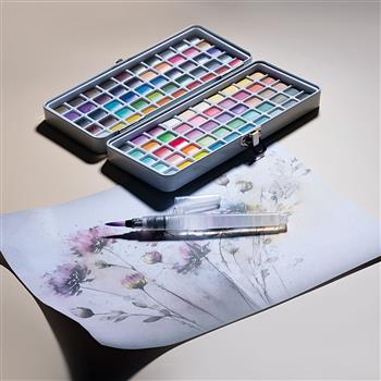 Scatola metallica con 100 colori ad acquerello solidi e pennello ad acqua speciale