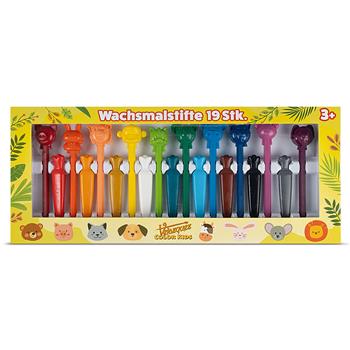 Coffret cadeau jaune contenant 19 crayons de cire de couleur, dont 10 en forme d'animaux et 9 en forme de carottes