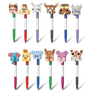 Blocchi da costruzione a forma di animali Penne a sfera con figure di animali colorate da assemblare, che possono essere fissate sulle penne come teste di animali, 12 motivi diversi