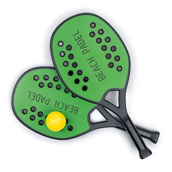 Deux raquettes de beach tennis en plastique vert et noir avec deux balles souples