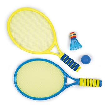 Due racchette da badminton in plastica con rete in nylon e un volano