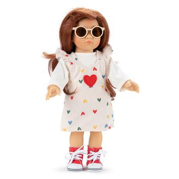 Beiges Puppen-Kordkleid-Set mit Herzchen-Print und Rüschen, inklusive passendem Sweatshirt und Sonnenbrille