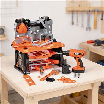 Kinderwerkzeug-Set als orangefarbener 2in1-Koffer mit vielen Spielwerkzeugen und Schrauben