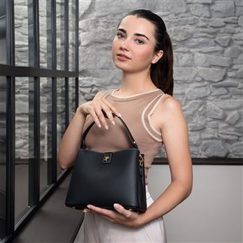 Schwarze Leder-Handtasche «Savona» mit weisser Ziernaht, goldenem Reissverschluss und drei austauschbaren Schulterriemen