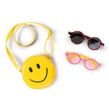 Gelbes Smiley-Crossbody-Täschchen und 2 runde Puppenbrillen in Gelb/Pink und Schwarz-Rot als 3-teiliges Fashion-Set