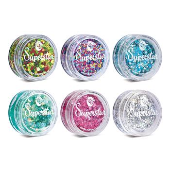 6 kleine Dosen mit farbiger Glitter Schminkcreme der Marke Superstar in verschiedenen funkelnden Farben
