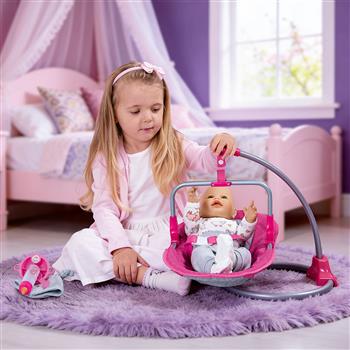 Wandelbarer 3in1 Puppenhochstuhl in Grau und Pink mit Schaukelfunktion und abnehmbarer Trageschale