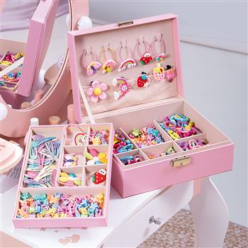 Rosa Kinder Haaraccessoires Box mit Schloss, gefüllt mit vielen bunten Haarspangen, Haargummis und Dekoformen