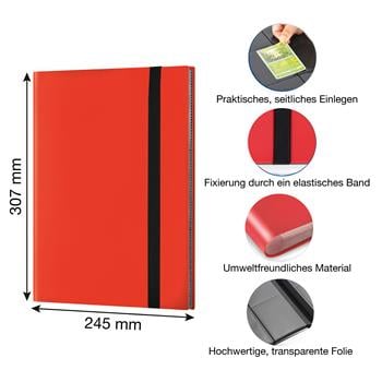 Album rosso per carte collezionabili con cerniera, fascia e 360 scomparti per una conservazione ordinata delle carte