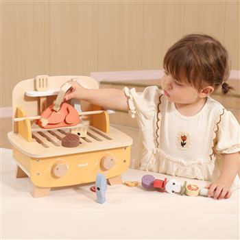 Holz-Tischgrill Spielset für Kinder mit Grillzange, Schaber, Spiessli, BBQ-Sauce und verschiedenen Grillzutaten