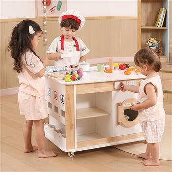 Haushalts-Spielcenter 4in1 aus Holz mit Küche, Waschmaschine, Mülltrennungssystem, Eiswürfelspender und Zubehör