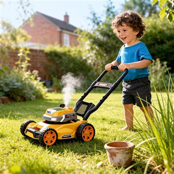 Tagliaerba giocattolo arancione per bambini con suono, luce ed effetto spray