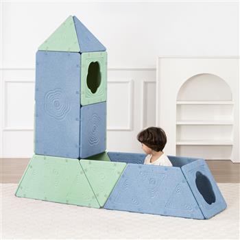 Elementi da costruzione verde chiaro e blu con magneti integrati per progetti creativi
