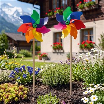 Girandola multicolore con pale dai colori dell’arcobaleno su bastoncino in legno per giardino, balcone o vaso da fiori