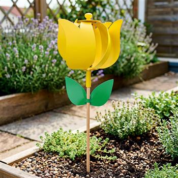 Girandola gialla a forma di tulipano con foglie verdi e bastoncino in legno per giardino, balcone o vaso da fiori