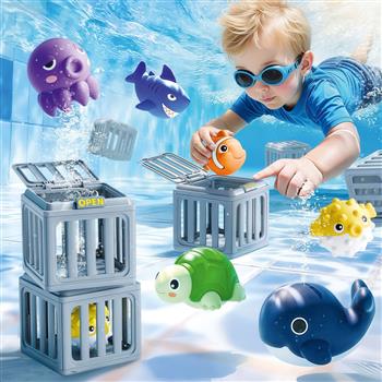 Ein Tauchspielset mit 6 grauen Käfigen und 6 bunten Meerestieren, die im Wasser schwimmen und beim Freilassen wieder auftauchen