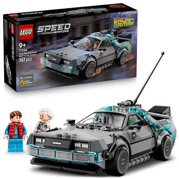 LEGO Speed Champions Zeitmaschine aus Zurück in die Zukunft mit DeLorean und Minifiguren in einer Filmszene
