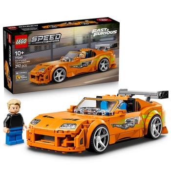 Set LEGO Speed Champions Toyota Supra MK4 orange avec minifigurine Brian O'Conner, aileron arrière et jantes chromées, 292 pièces, dès 10 ans