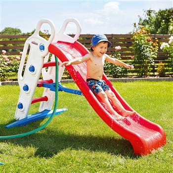 Rote Pilsan Royal Slide Wasserrutschbahn mit weisser Leiter, blauen Details und Wasserverteiler