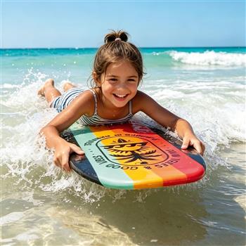 Enfant dans la mer couché sur un bodyboard coloré dans des vagues peu profondes