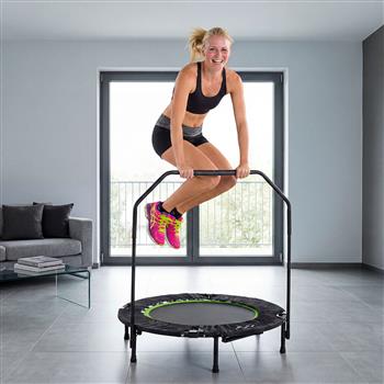 Tunturi Fitness-Trampolin mit Griffstange in flacher und schräger Trainingsposition